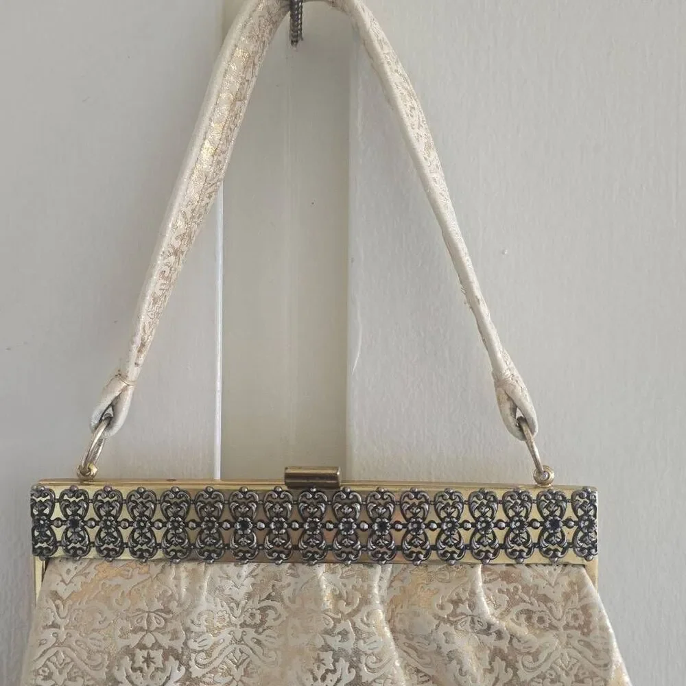 Evening Bag ANTIGUO BOLSO SCHOOL FLORENCE - PIEL, Ivory/Gold, Vtg. , EUC